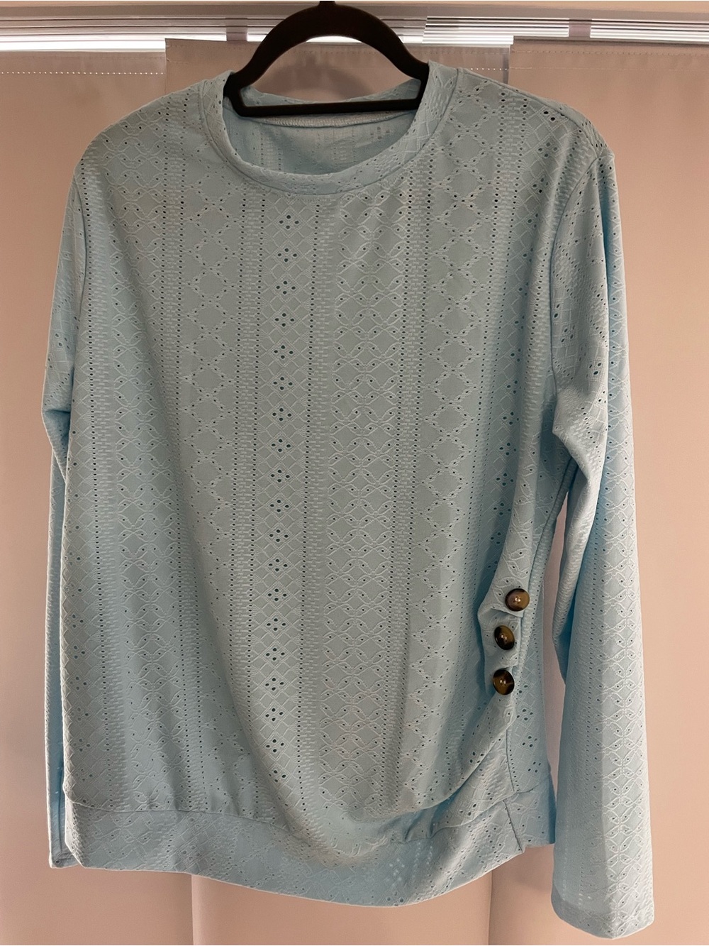 Light Blue Eyelet Knit Long Sleeve Top with Button Detail